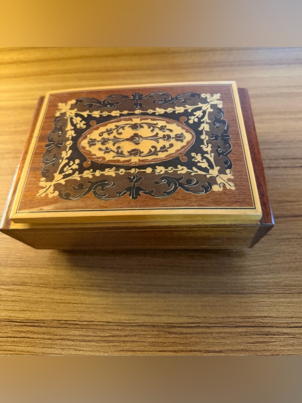 Vtg Italian Sorrento Inlaid Wood Music Jewelry Box Red Velvet Mirror Working